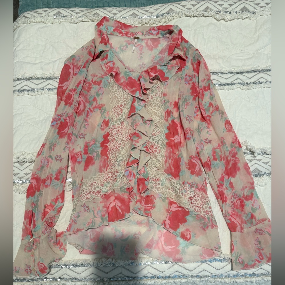 Free People Floral Lace Ruffle Blouse in Pink and Cream